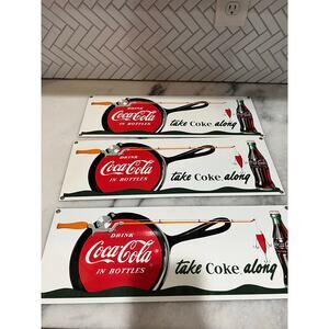 Lot 3 Coca-Cola Take Coke Along Fishing Pan Metal Signs Ande Rooney Coke